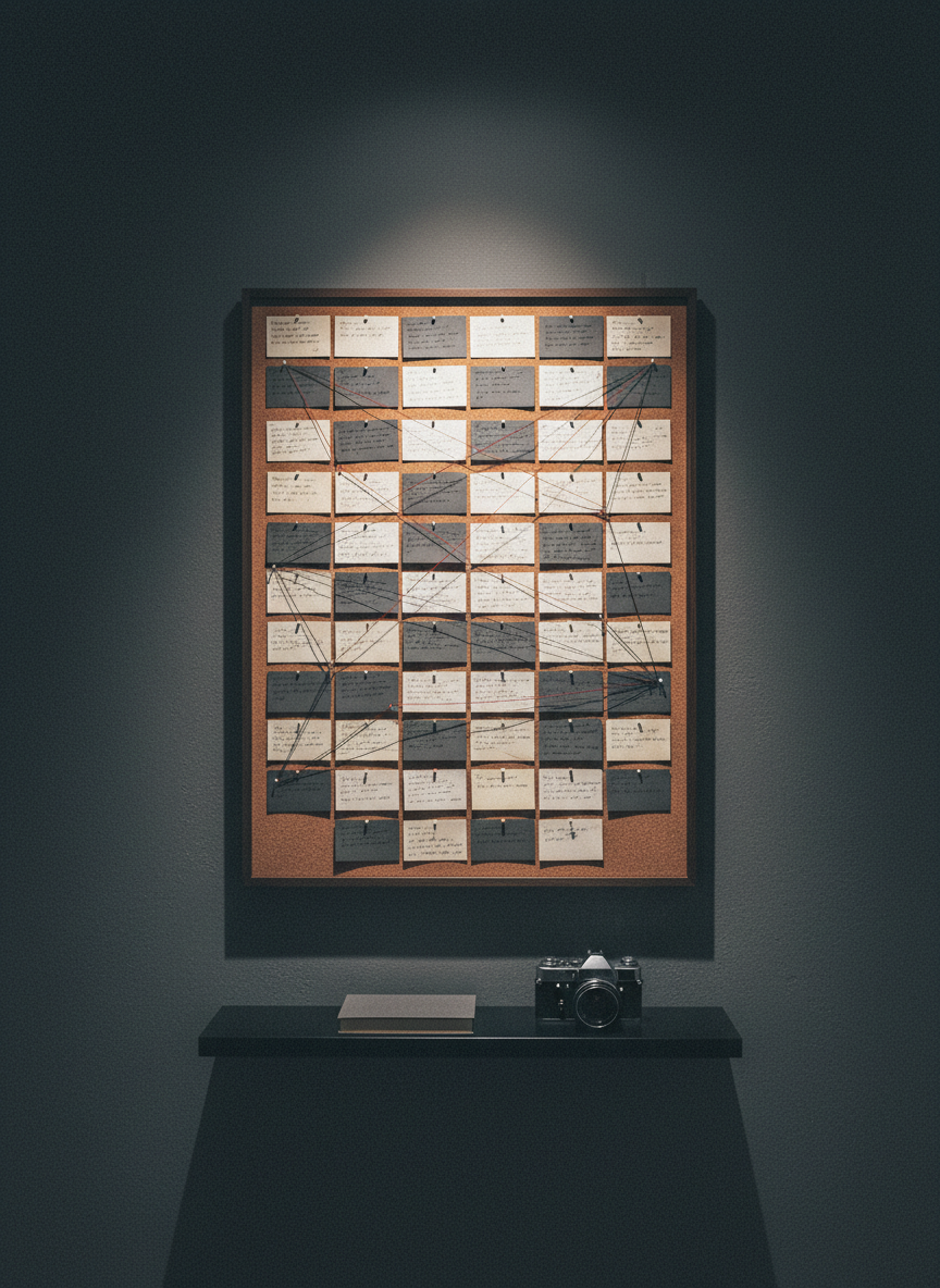 A minimalist corkboard mounted on a textured charcoal wall, covered with neatly pinned index cards in varying shades of ivory and gray, each card bearing faint, illegible lines that suggest thematic reflections and novel ideas. Red and black thread discreetly connect clusters of cards into constellations of thought. Below, a narrow black metal shelf holds a closed hardcover book with an unmarked dark cover and a small analog film camera. A single overhead spotlight casts focused, cinematic lighting, producing dramatic shadows and highlighting the card textures. Shot straight-on with balanced composition and a subtle analog-film grain, the mood is sophisticated, analytical, and contemplative, perfect for a page dedicated to the writer’s reflections on themes like apocalypse, faith, and memory.