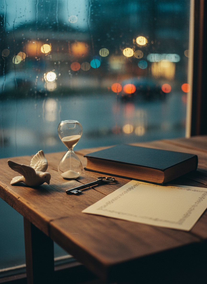 A weathered wooden table scattered with symbolic objects that evoke an intimate, apocalyptic narrative: a cracked hourglass leaking fine sand, a small porcelain dove tipped on its side, a tarnished silver key, and a dark, clothbound book with a blank cover. At the table’s edge lies a folded sheet labeled only by a subtle, embossed border, hinting at a working title page. The background shows blurred city lights beyond a rain-streaked window, suggesting a world in quiet crisis. Soft, moody evening light mixes with the cool glow of distant streetlamps, creating reflections on the glass. Captured at a low angle with a shallow depth of field and analog-film warmth and grain, the image feels poetic, enigmatic, and slightly foreboding, ideal for representing the novel “The Apocalypse According to Iona” without explicit text.