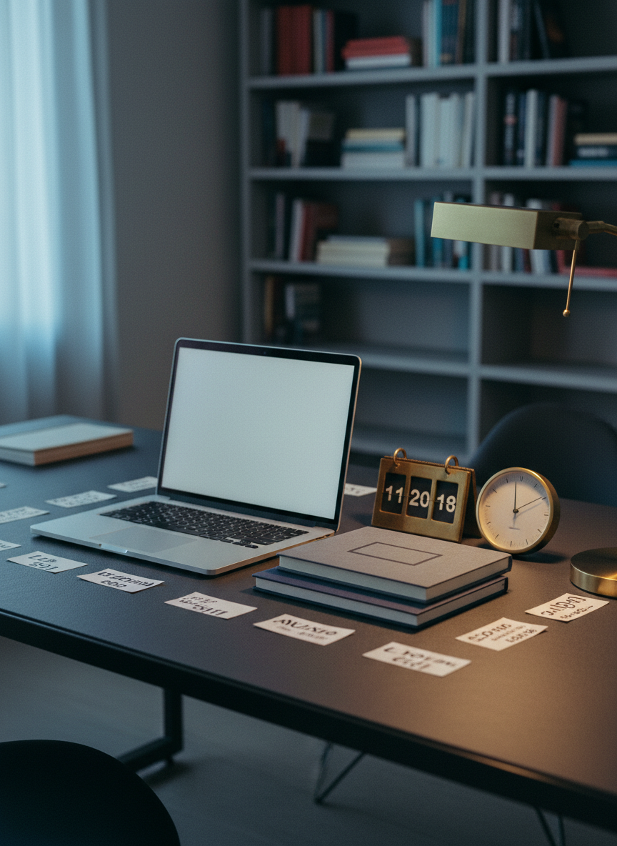 A sleek, dark bulletin board-style workspace featuring a large, closed laptop with a blank, glowing screen beside a stack of neatly arranged notebooks labeled only by subtle embossed rectangles. Around them lie small paper slips with abstract marks indicating dates and news items, a vintage brass desk calendar turned to an indistinct day, and a softly ticking analog clock with no visible numerals. The background suggests a modern writer’s studio, with shelves of Spanish-titled books softly out of focus. Cool, diffused morning light from an unseen window blends with the warm glow of a single desk lamp, creating a balanced, sophisticated atmosphere. Shot from a three-quarter angle with moderate depth of field and a refined analog-film aesthetic, the mood is orderly, current, and professional, ideal for a “latest news and work in progress” section.