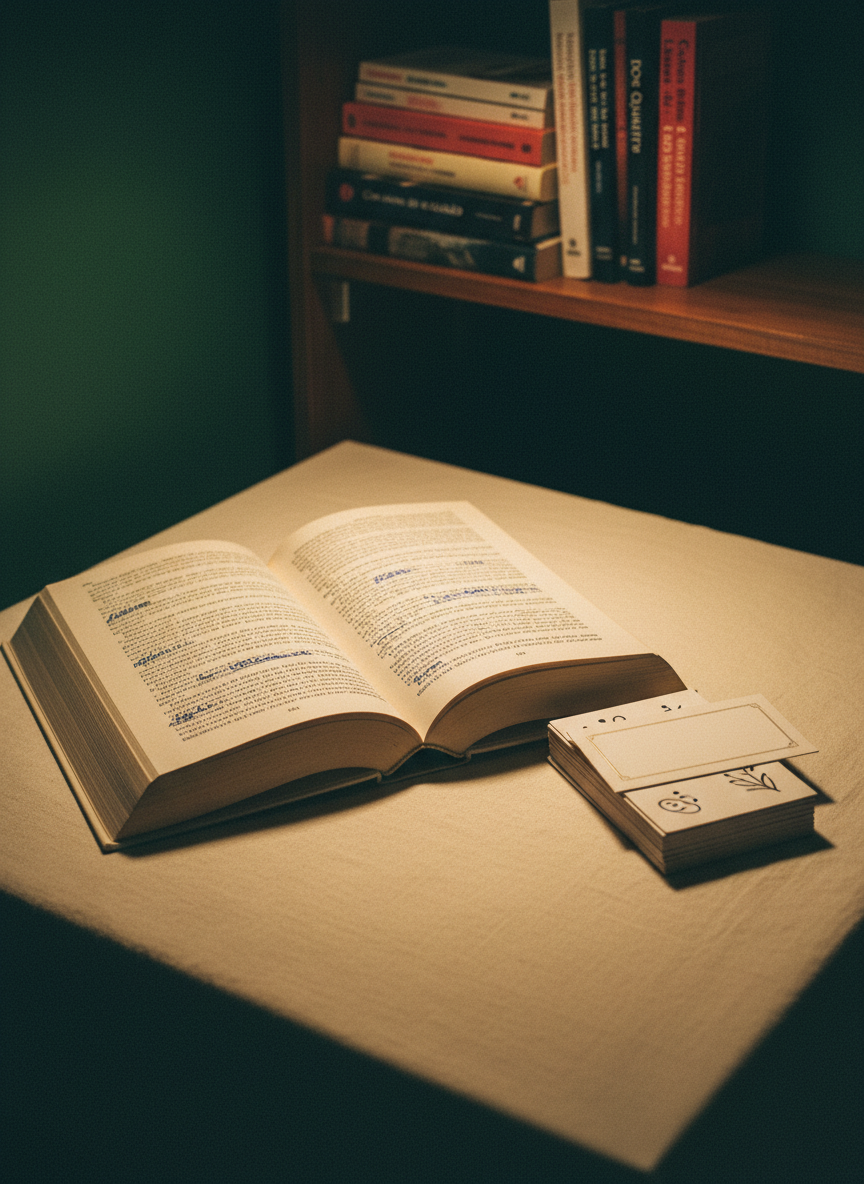 A close-up of a thick, open novel resting on a linen-covered table, its English text subtly blurred and unreadable, with several passages underlined in deep blue ink. Beside the book, a stack of cream-colored cards displays brief, abstract symbols hinting at chapter excerpts, and a slim card labeled only by an empty border suggests a title. The setting is a dim, quiet room with a dark green wall and scattered hardback books in Spanish on a shelf behind. Warm tungsten desk-lamp light pools across the pages, leaving the edges in soft shadow. Captured from a slightly elevated angle with an analog-film look, muted colors, and gentle grain, the image feels intimate, reflective, and intellectually rich, ideal for illustrating novel excerpts.